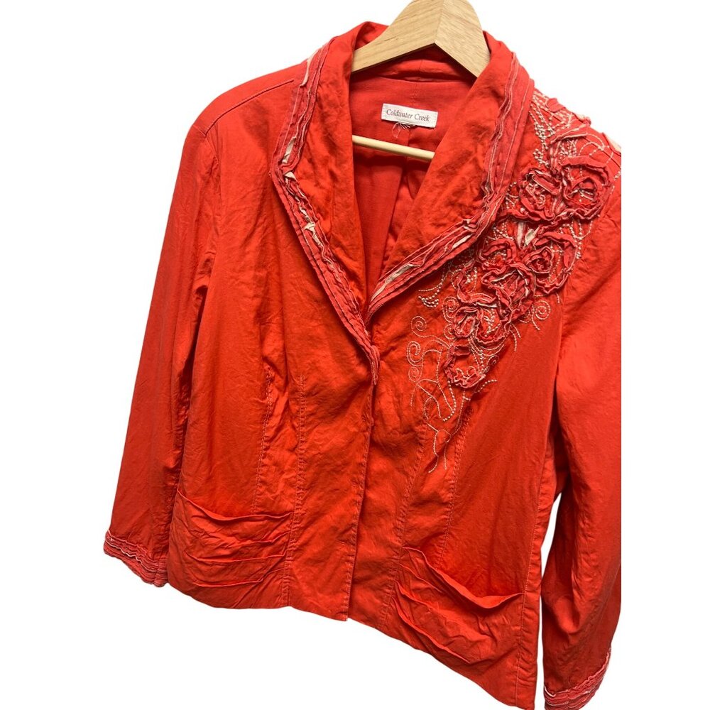 Coldwater Creek Y2K Orange Linen Embroidered Ruffled Blazer
